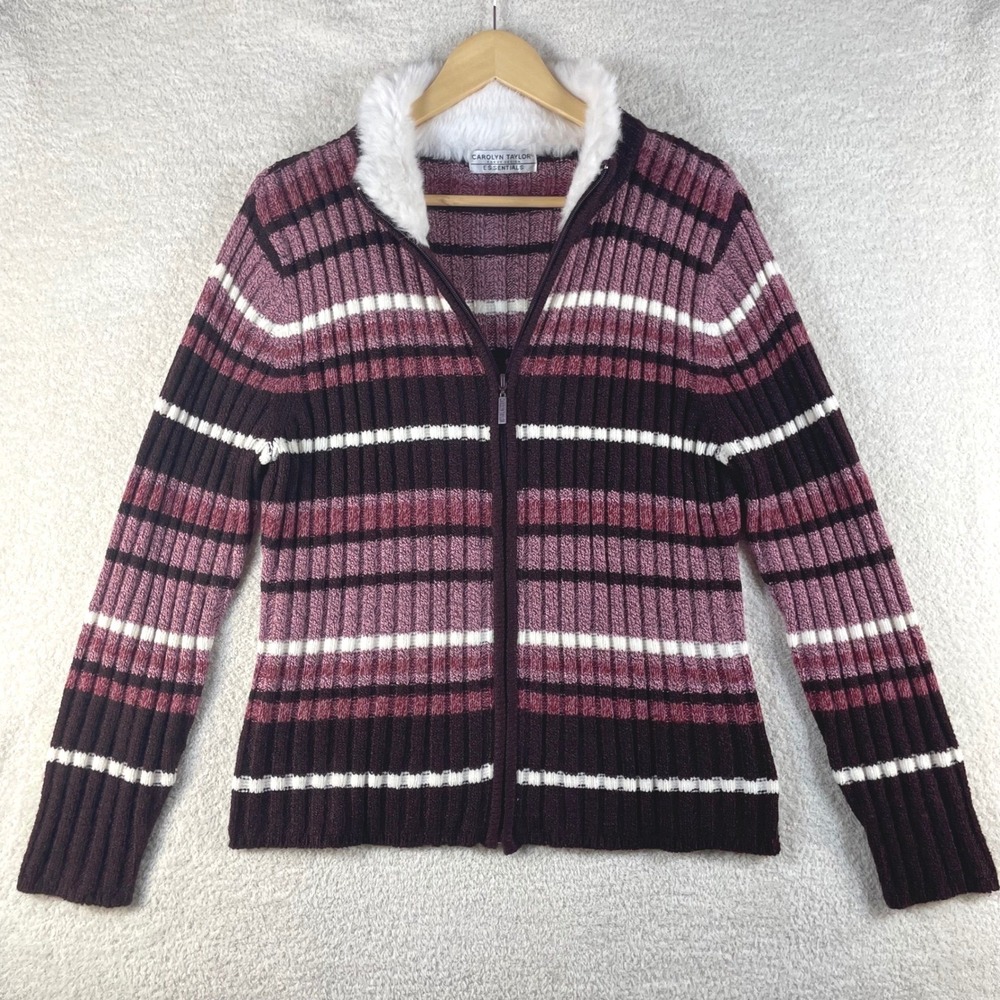 vintage Y2K fur collar sweater zip jacket 90s stripes  mcbling downtown girl